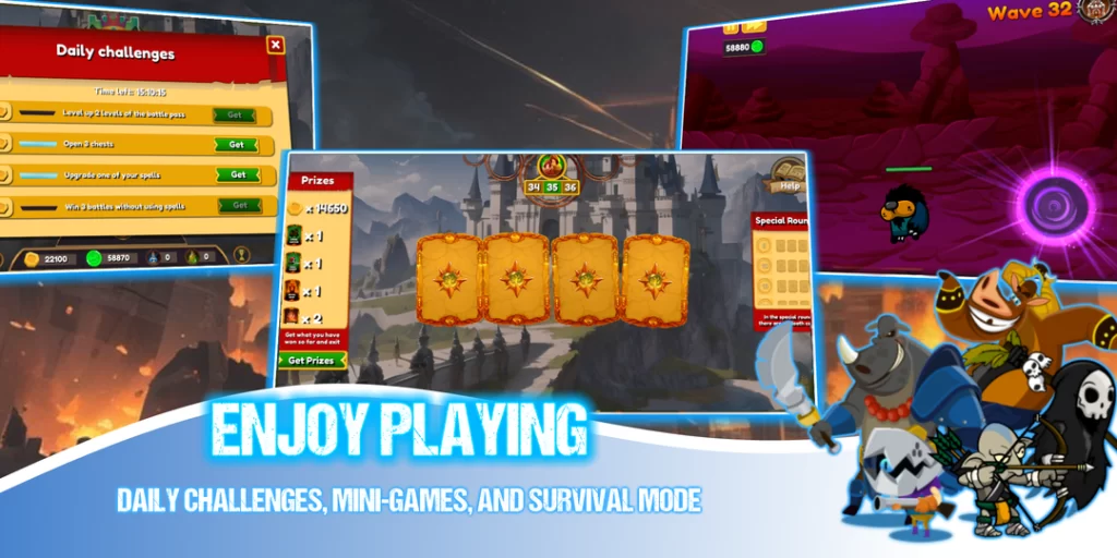 Daily challenges, Oracles' minigame, and Survival Mode in Tower of Heroes, the best tower defense mobile game.